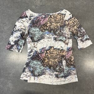 Vintage Y2K BDG World Map 3/4 Sleeve Beige Graphic Tee Travel Nature Small